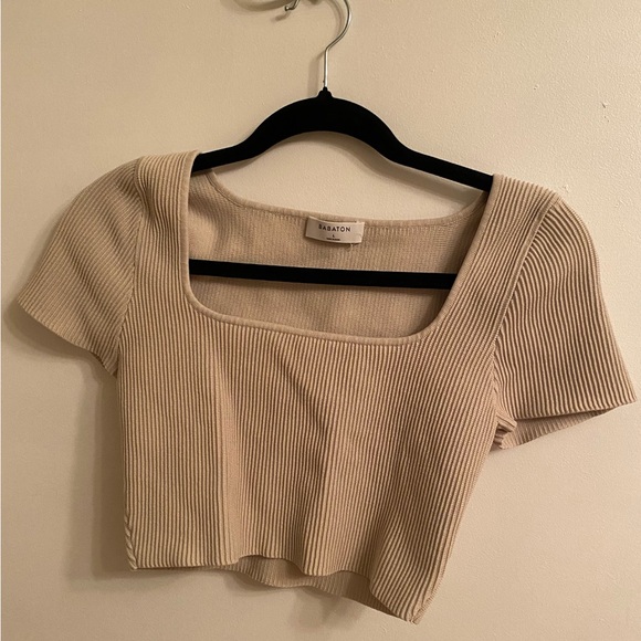 Babaton Tops - Babaton Beige Ribbed Square Neck Crop Top